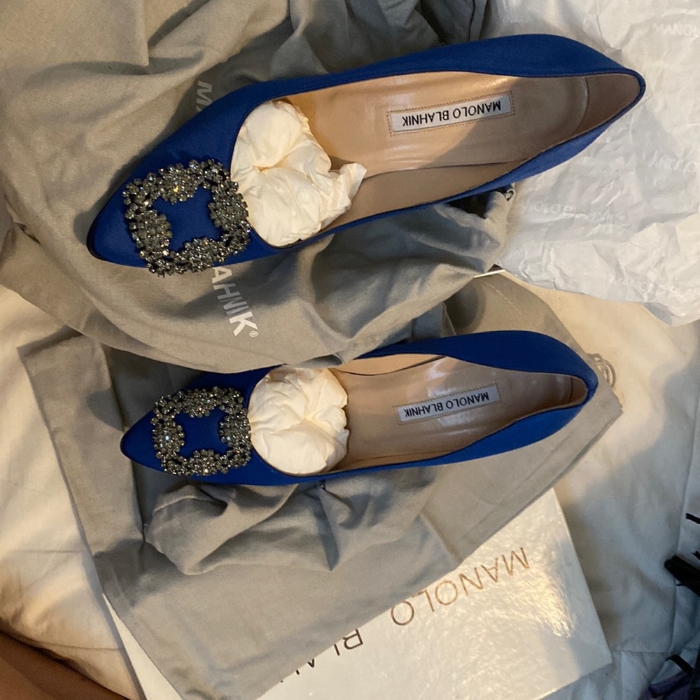 Manolo Blahnik Royal Blue Satin Pointed Toe Flats with Crystal Buckle